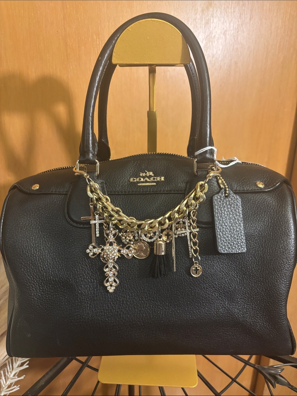 Coach Bennett Satchel F3662 Black Pebbled Leather Satchel with Gold Charm Chain